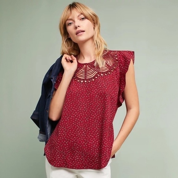Anthropologie Ranna Gil Markie Cutwork Flutter Top - Picture 1 of 8